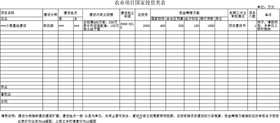 农业项目国家投资类表模板