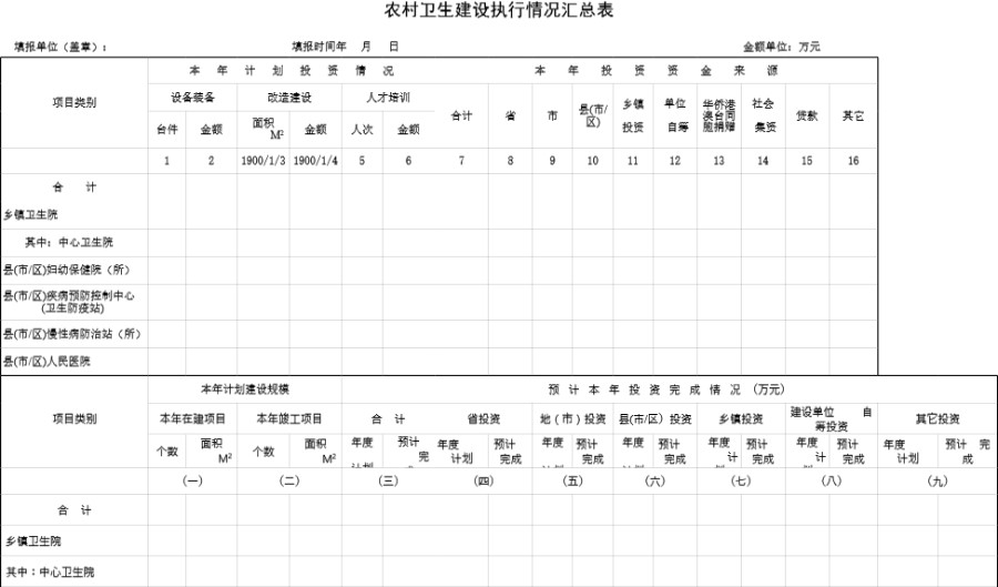 农村卫生建设执行情况汇总表模板