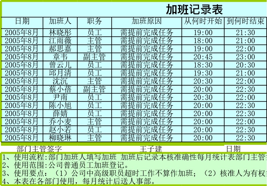 加班记录表格模板