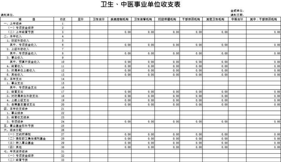 卫生 中医事业单位收支表模板