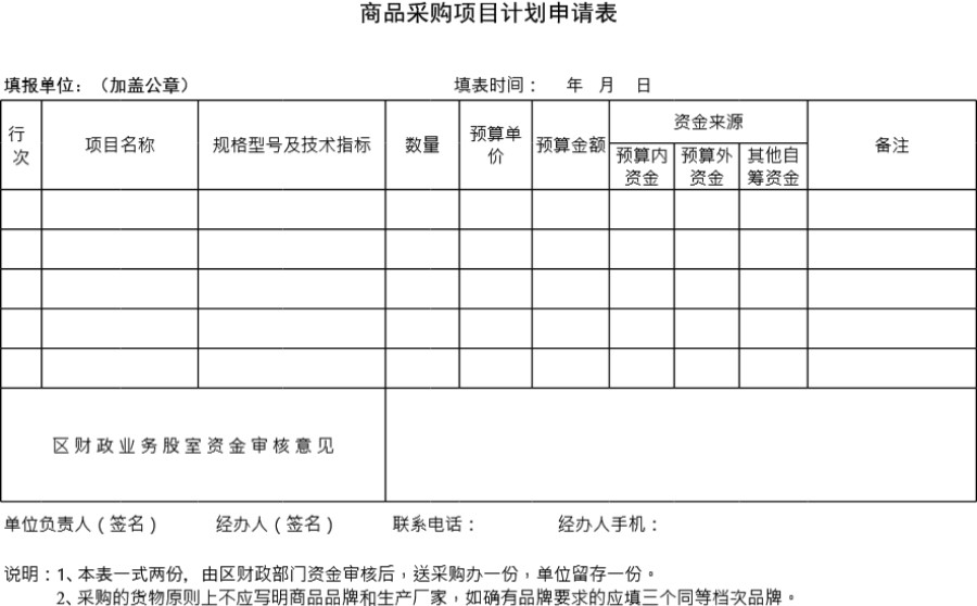 商品采购项目计划申请表模板