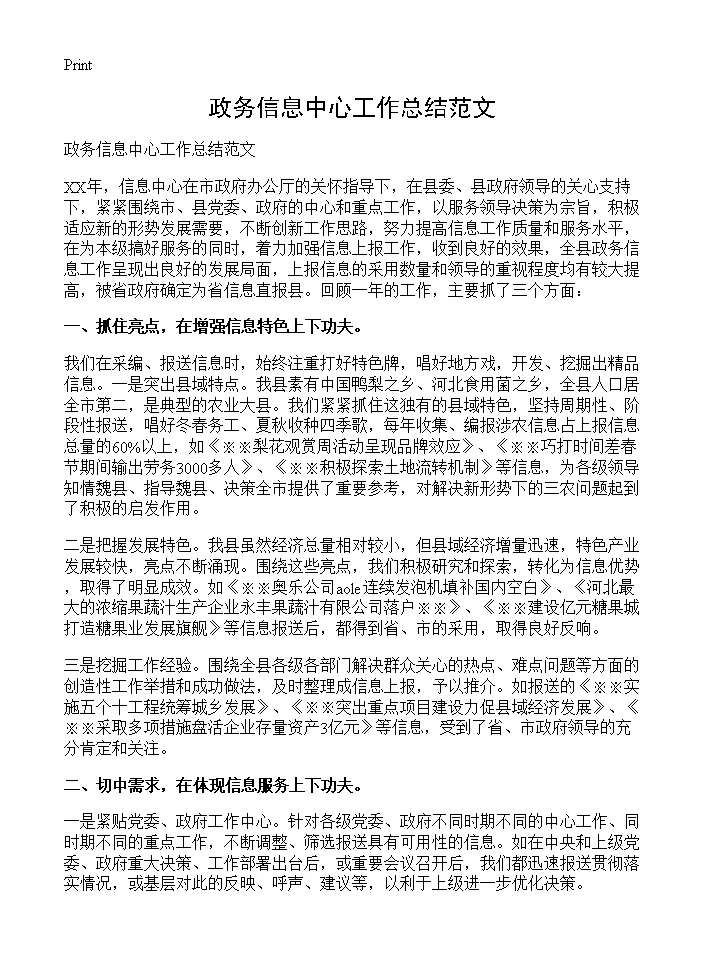 政务信息中心工作总结范文