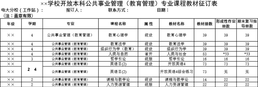 学校开放本科公共事业管理(教育管理)专业课程教材征订表模板