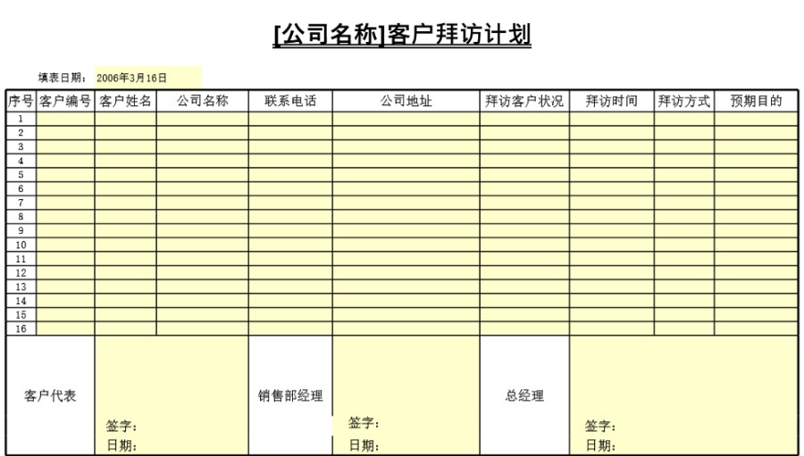 客户拜访计划表格模板