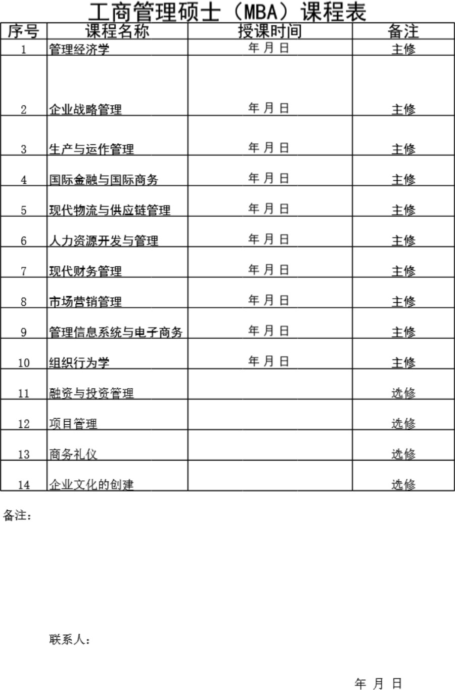 工商管理硕士(MBA)课程表