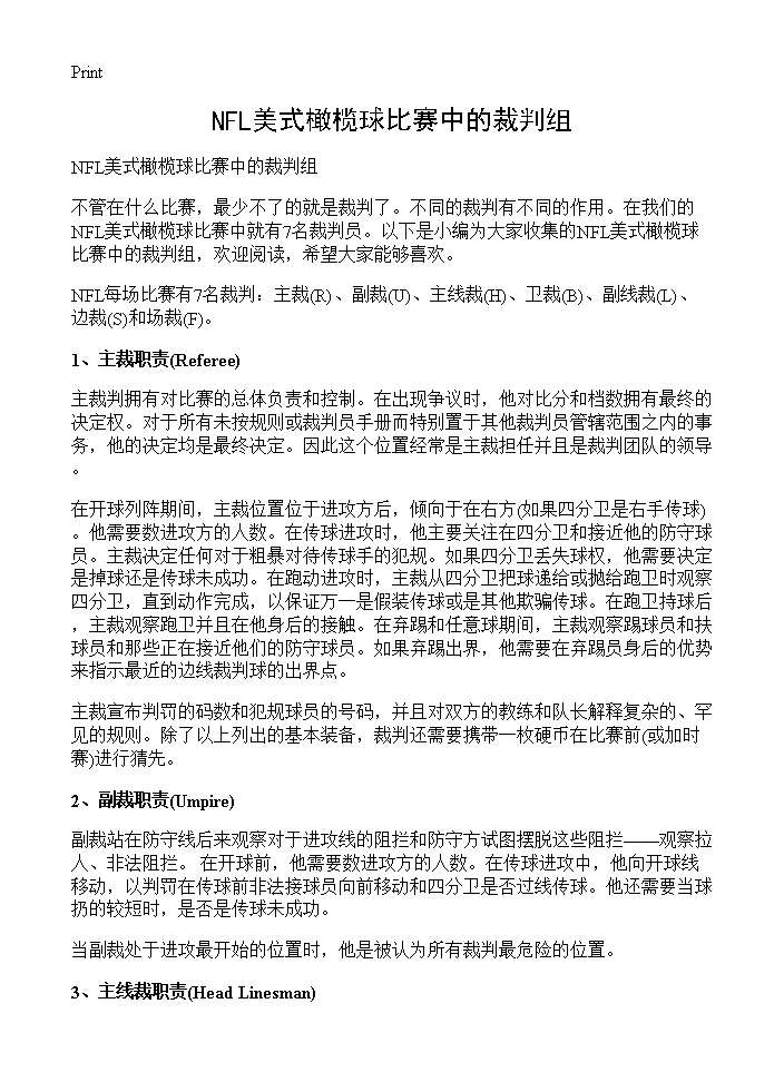 NFL美式橄榄球比赛中的裁判组