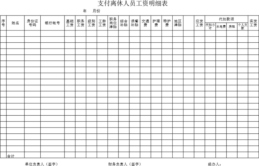 支付离休人员工资明细表