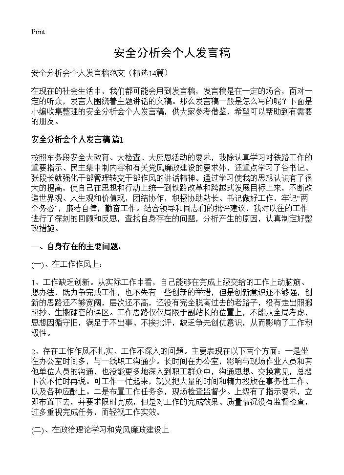 安全分析会个人发言稿14篇