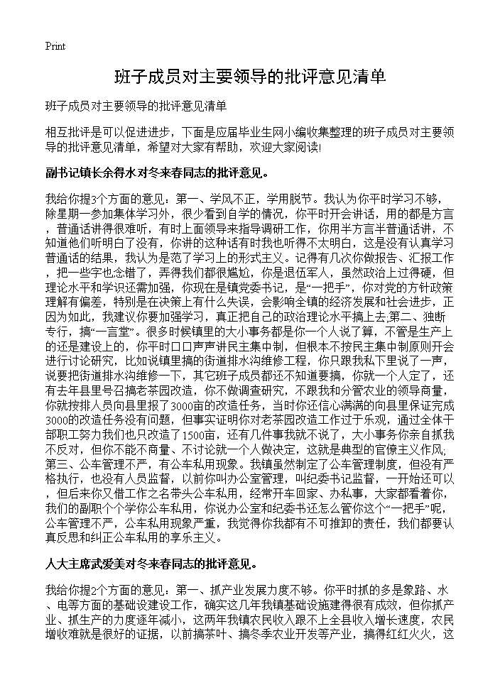 班子成员对主要领导的批评意见清单