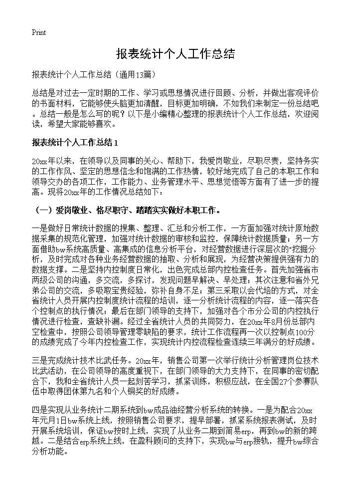 报表统计个人工作总结13篇