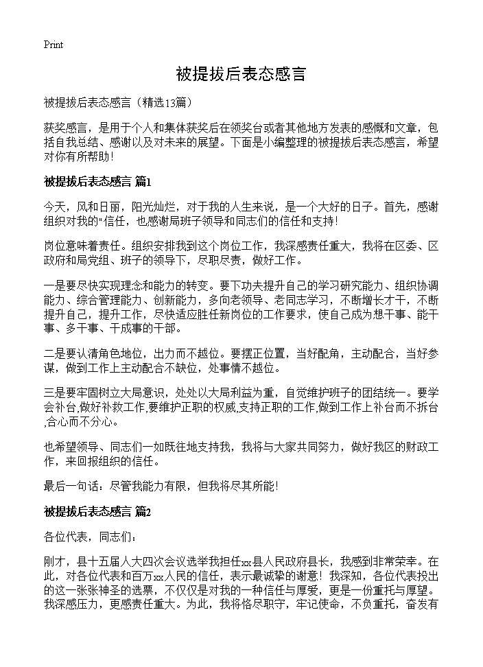 被提拔后表态感言13篇