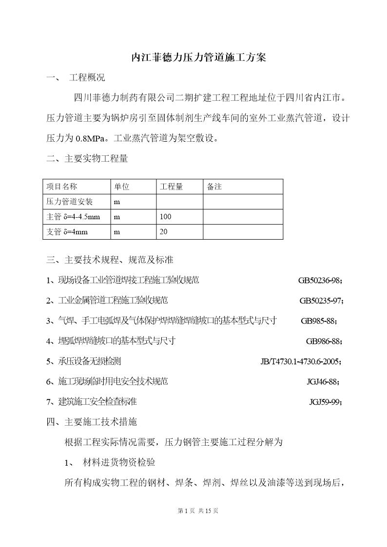 内江菲德力压力管道施工方案