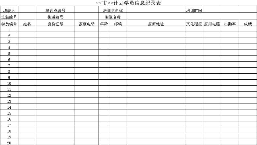 计划学员信息纪录表模板