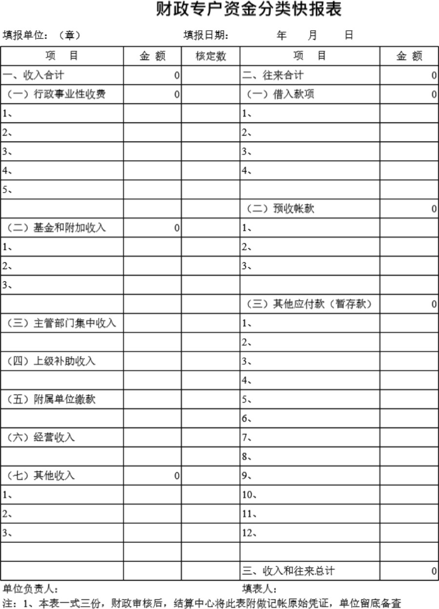 财政专户资金分类快报表