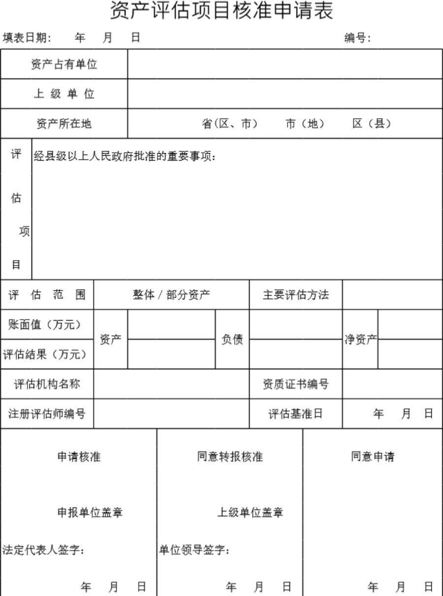 资产评估项目核准申请表模板