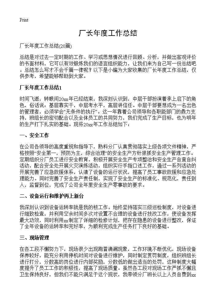 厂长年度工作总结20篇