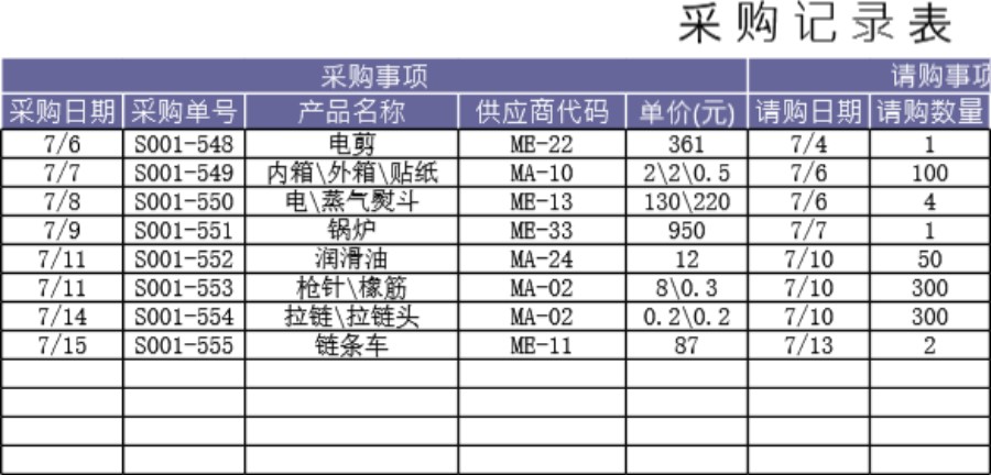 采购记录表格模板