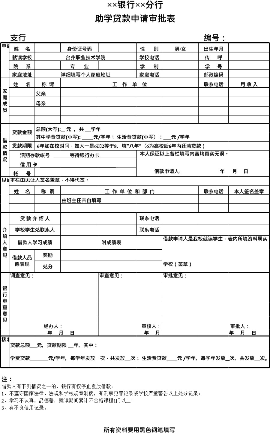 银行助学贷款申请审批表模板