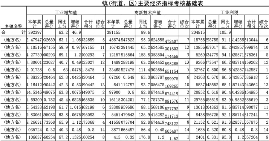 镇(街道 区)主要经济指标考核基础表模板