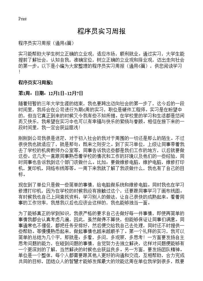 程序员实习周报6篇