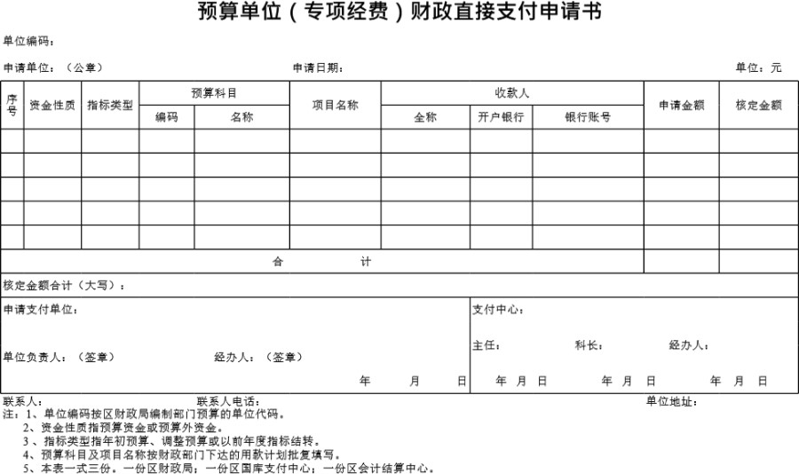 预算单位(专项经费)财政直接支付申请书