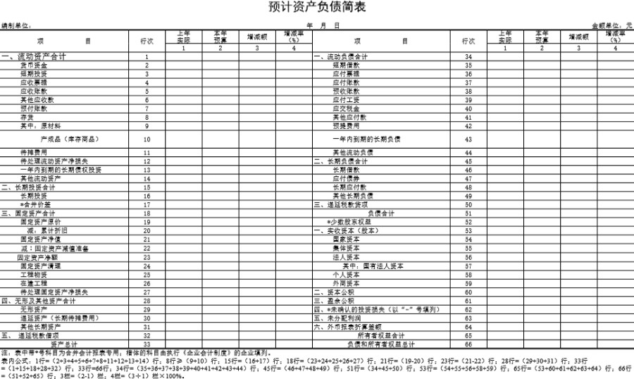 预计资产负债简表