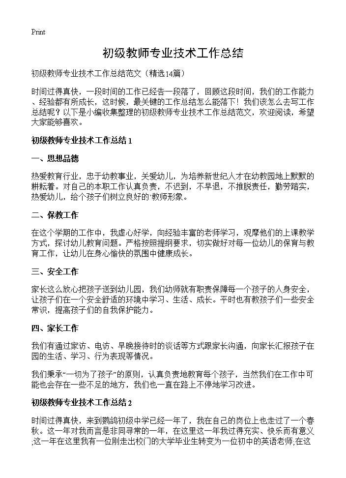 初级教师专业技术工作总结14篇