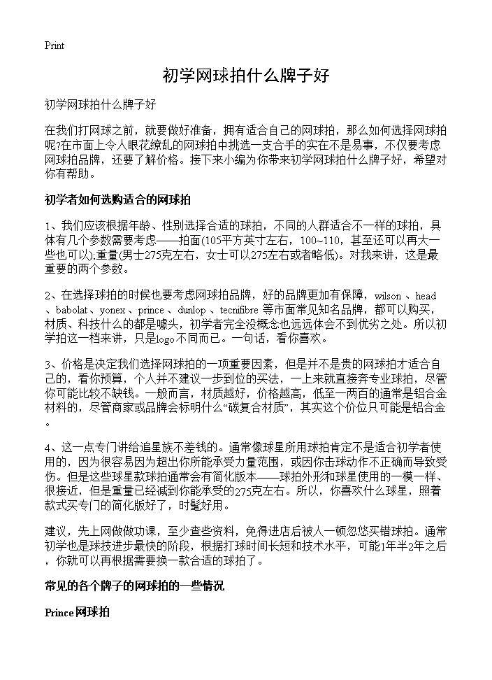 初学网球拍什么牌子好