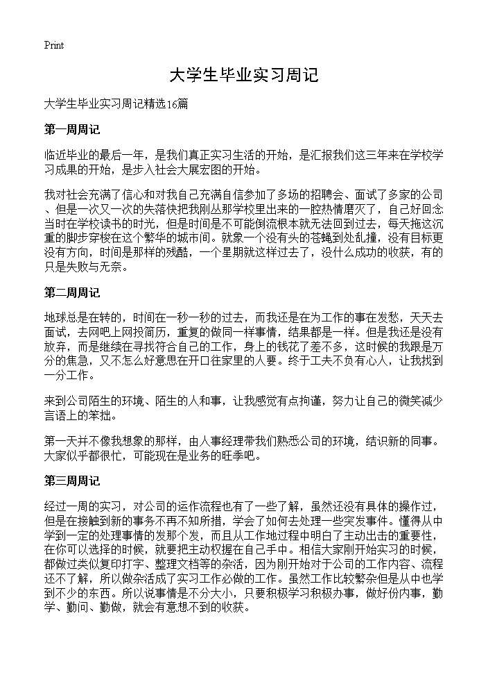 大学生毕业实习周记