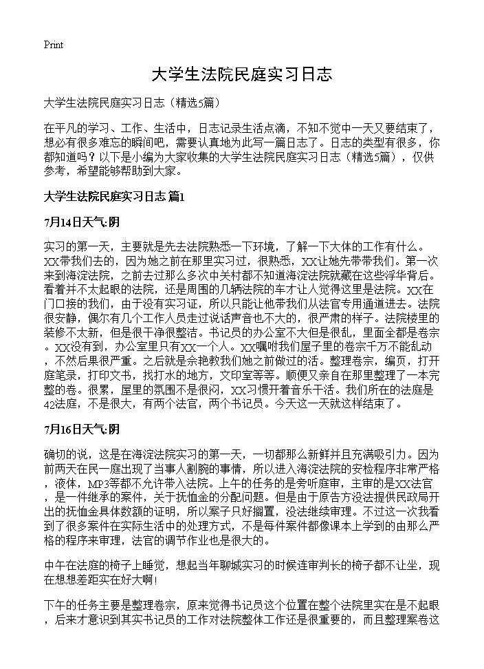 大学生法院民庭实习日志5篇