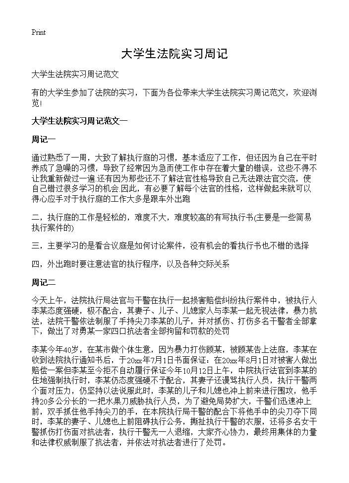 大学生法院实习周记