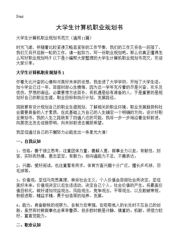 大学生计算机职业规划书11篇