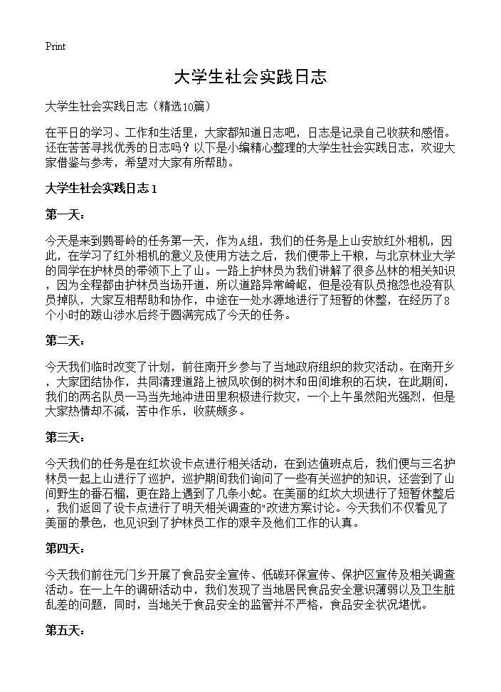 大学生社会实践日志10篇