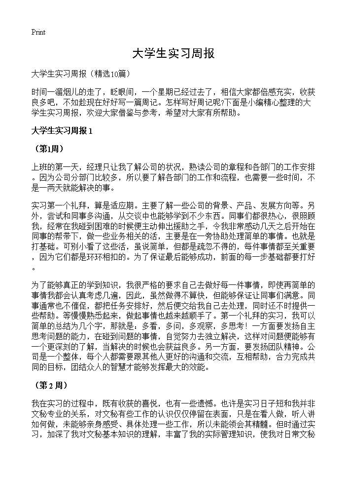 大学生实习周报10篇