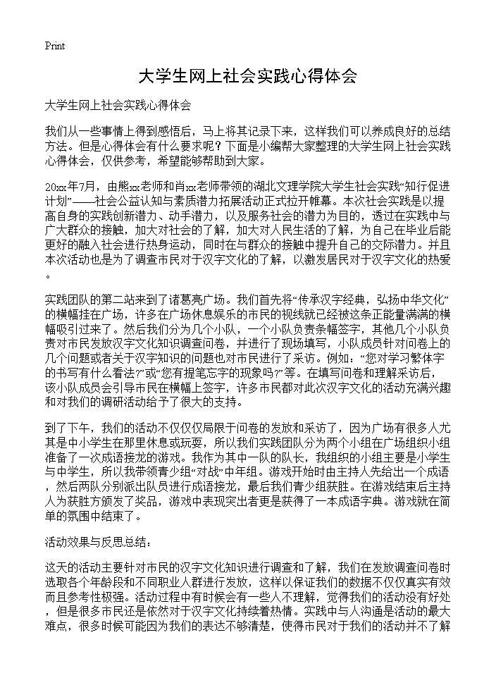 大学生网上社会实践心得体会