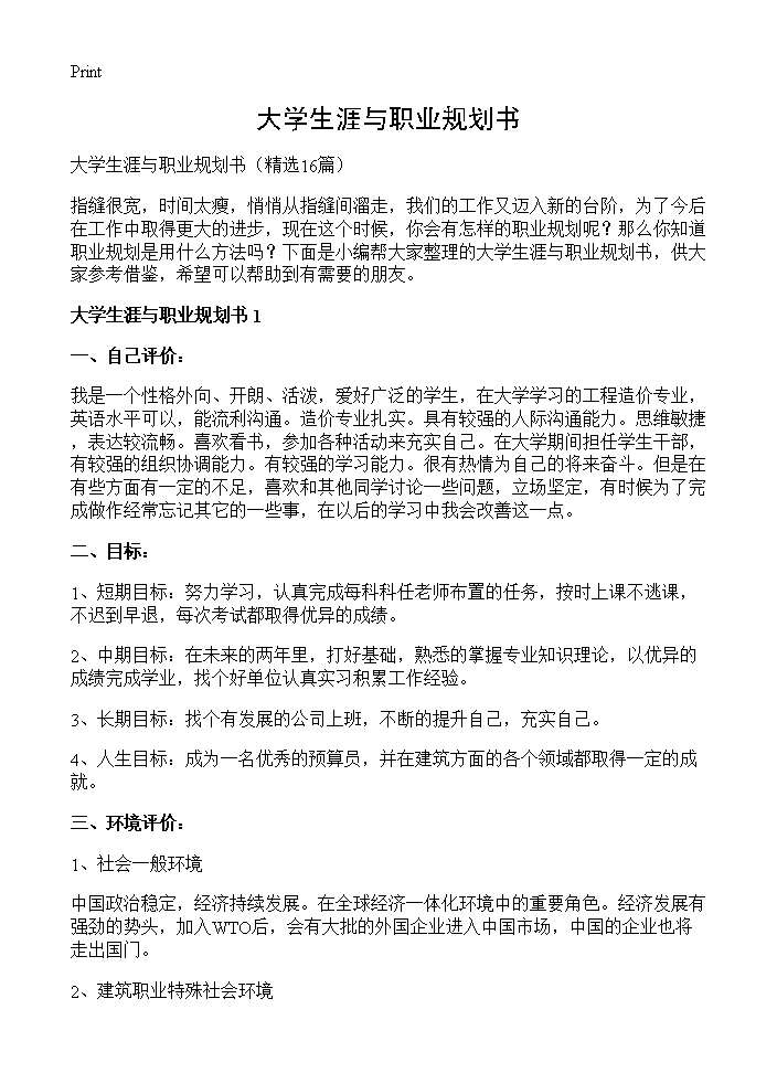 大学生涯与职业规划书16篇