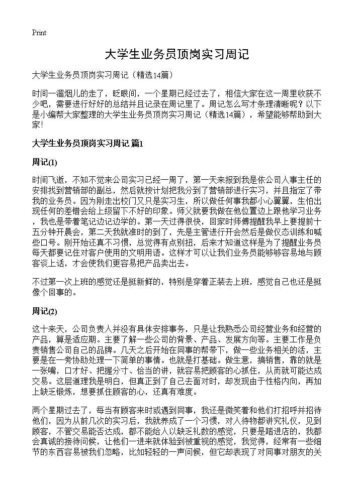 大学生业务员顶岗实习周记14篇