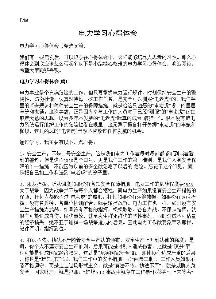 电力学习心得体会20篇