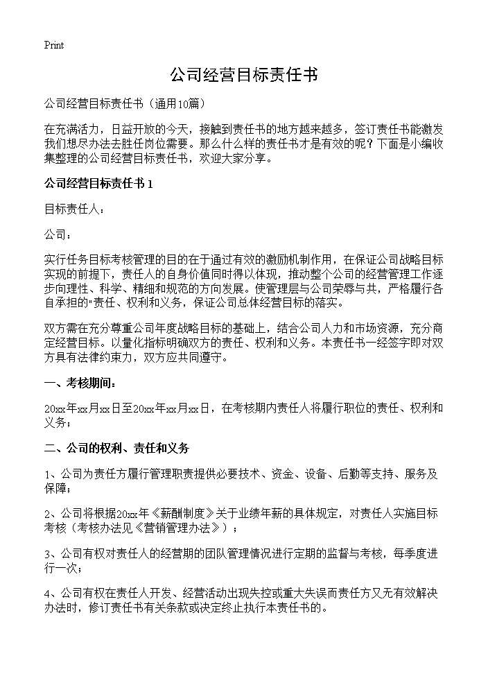 公司经营目标责任书10篇