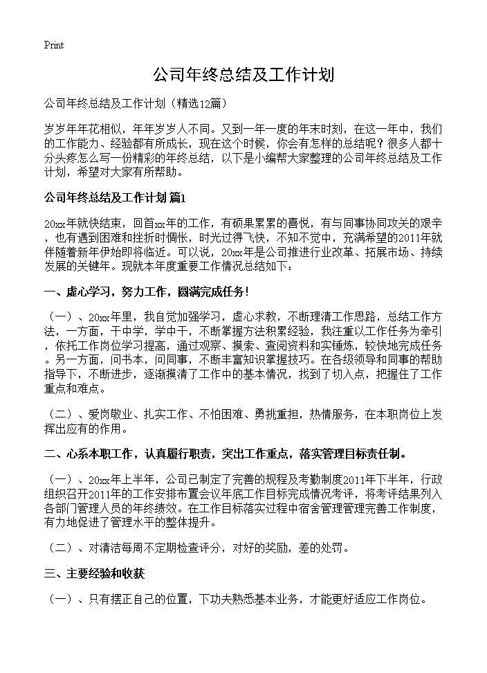 公司年终总结及工作计划12篇