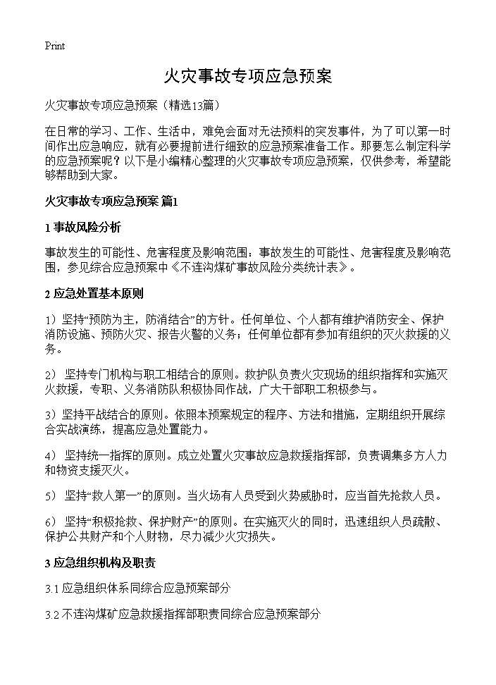 火灾事故专项应急预案13篇