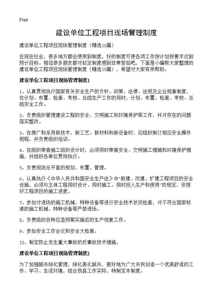 建设单位工程项目现场管理制度10篇