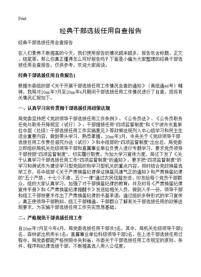 经典干部选拔任用自查报告