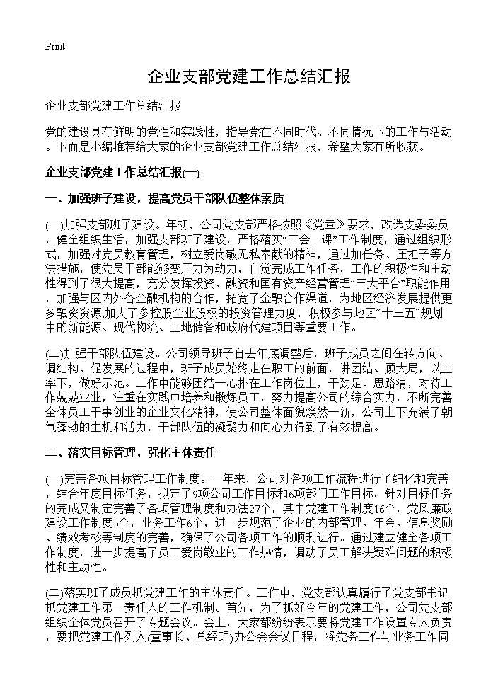 企业支部党建工作总结汇报