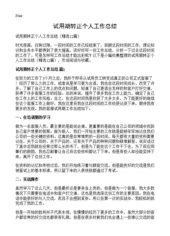 试用期转正个人工作总结12篇