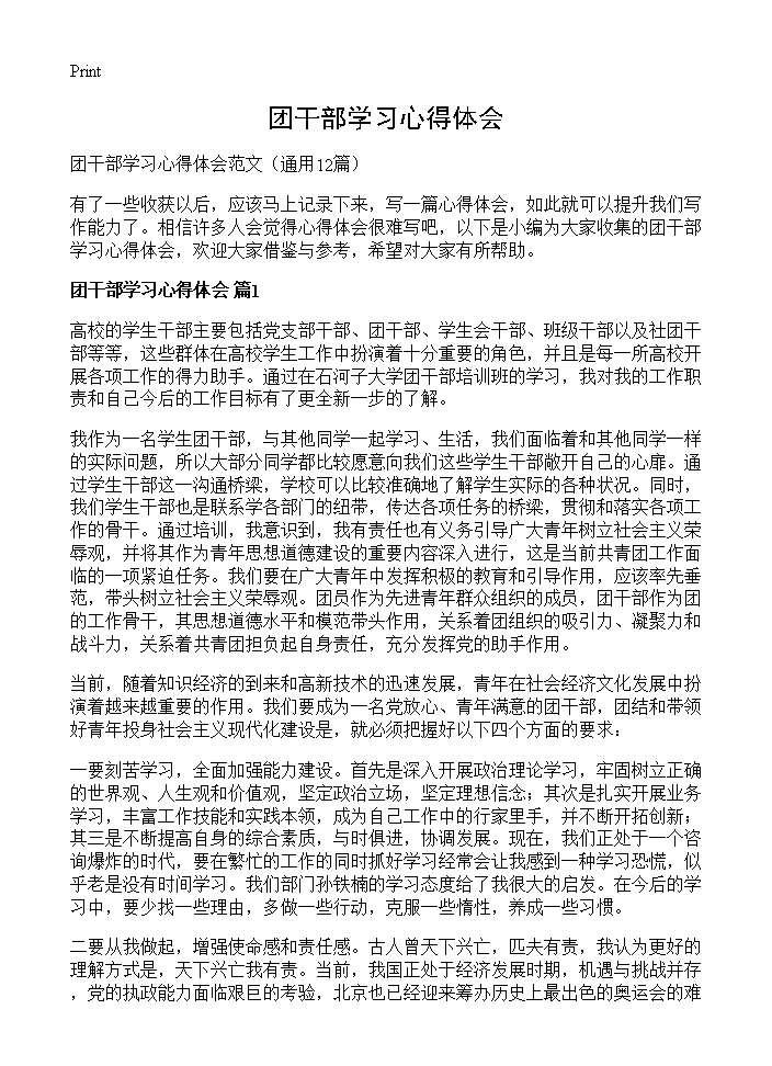 团干部学习心得体会12篇