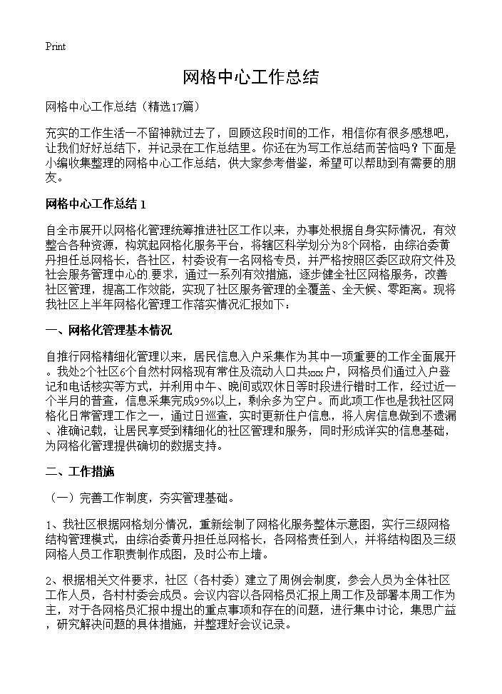 网格中心工作总结17篇