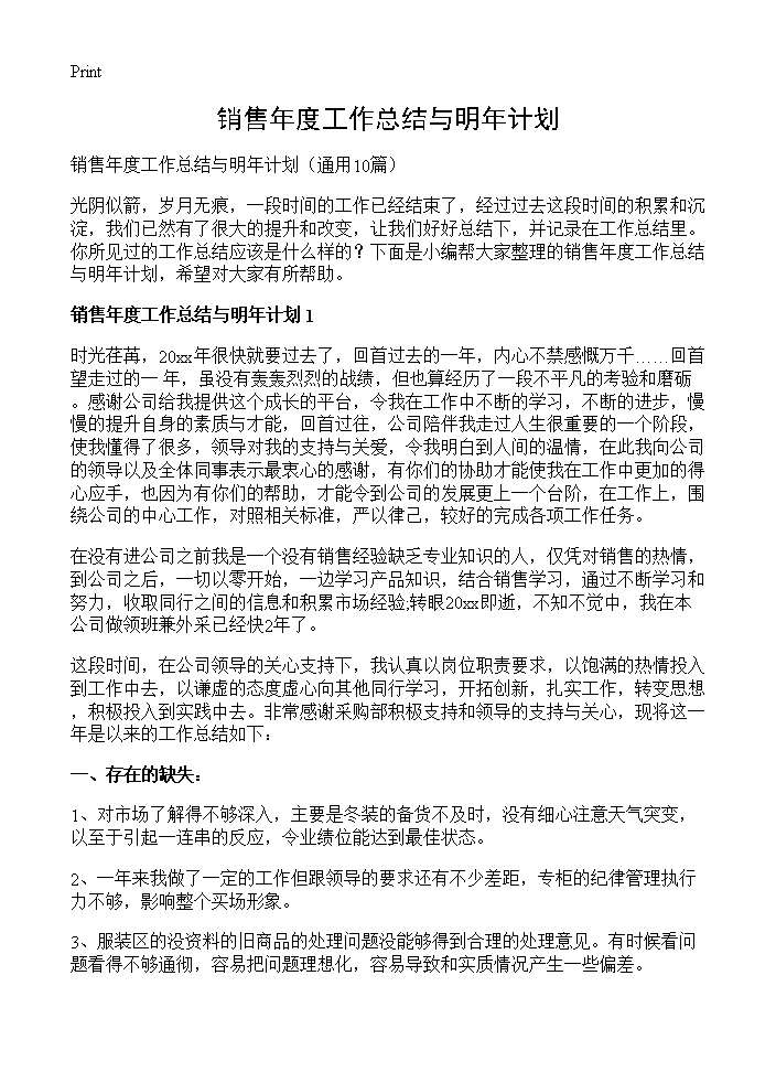 销售年度工作总结与明年计划10篇