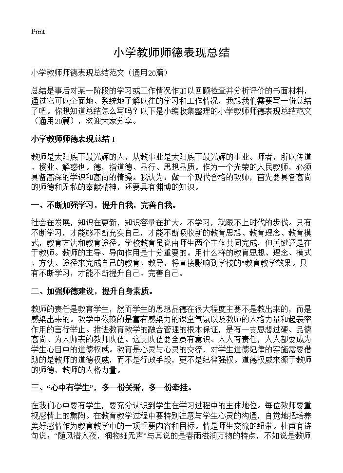 小学教师师德表现总结20篇