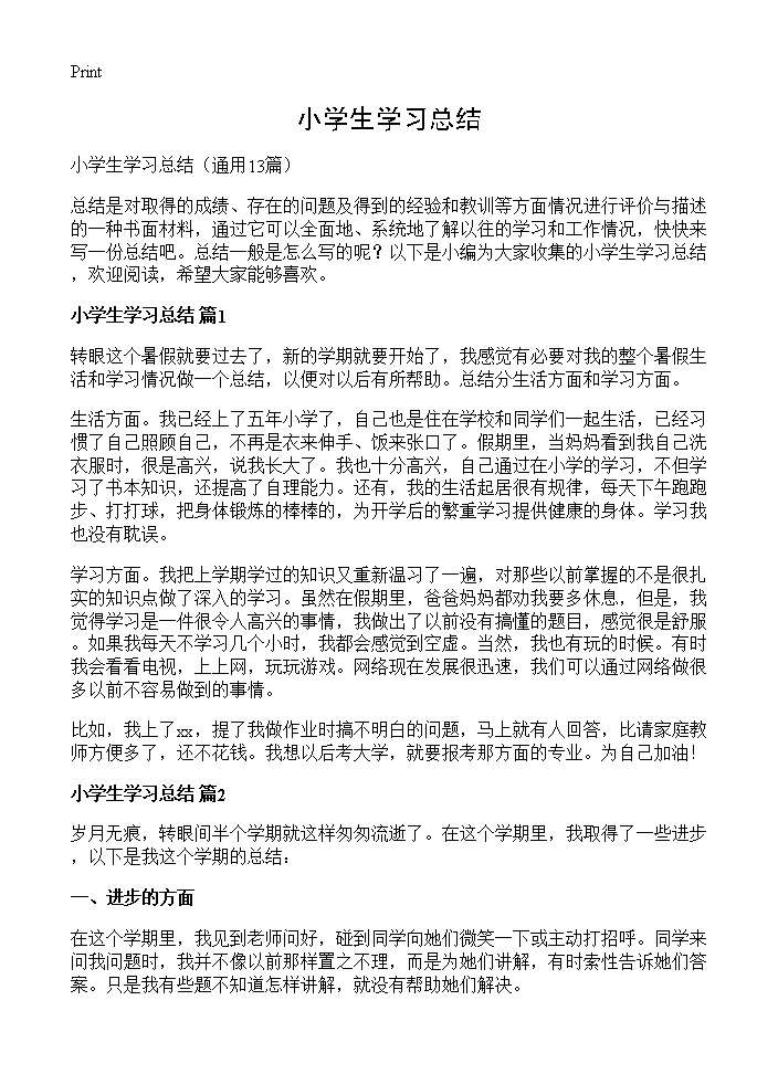 小学生学习总结13篇